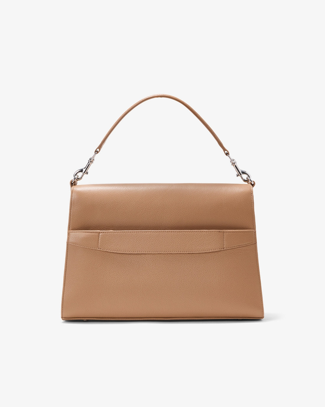 A structured tan leather handbag with a top handle and silver-tone hardware, featuring a luggge strap, shown against a plain white background.