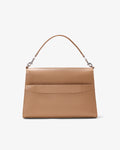 A structured tan leather handbag with a top handle and silver-tone hardware, featuring a luggge strap, shown against a plain white background.