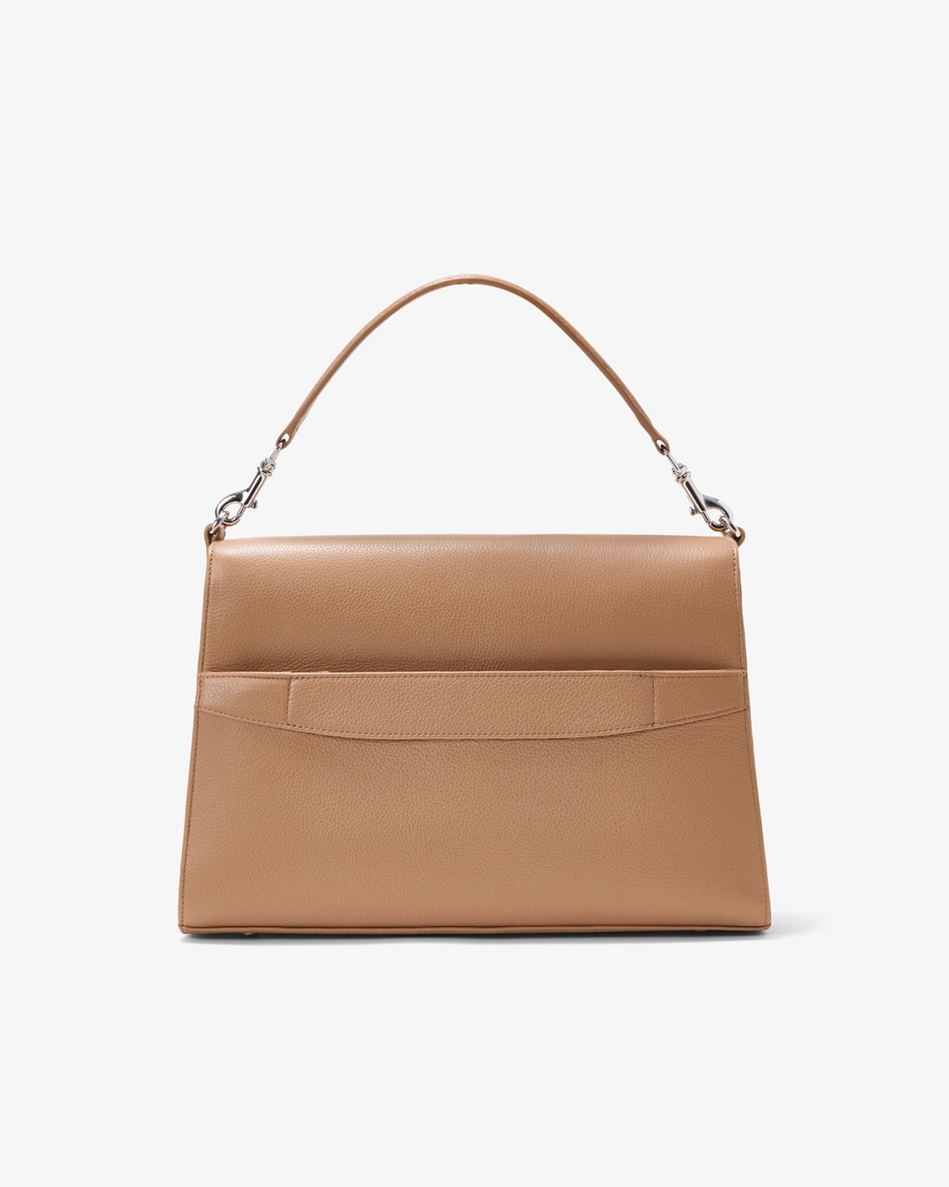 A structured tan leather handbag with a top handle and silver-tone hardware, featuring a luggge strap, shown against a plain white background.