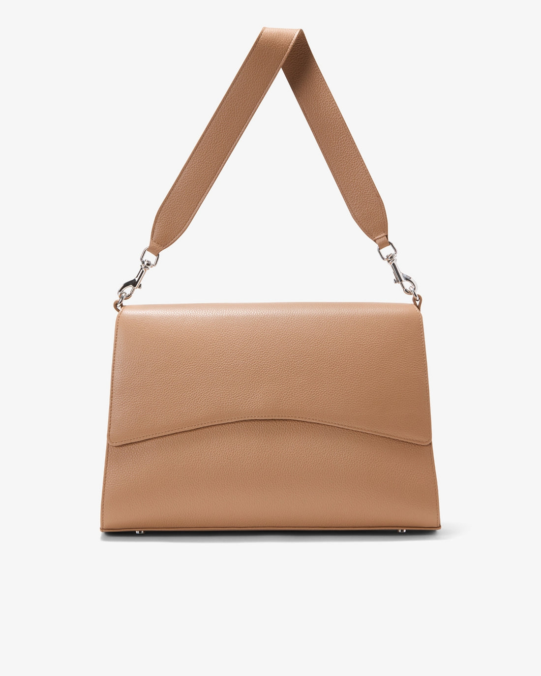 A structured tan leather shoulder bag with a wide strap and silver-tone hardware, shown against a plain light gray background.