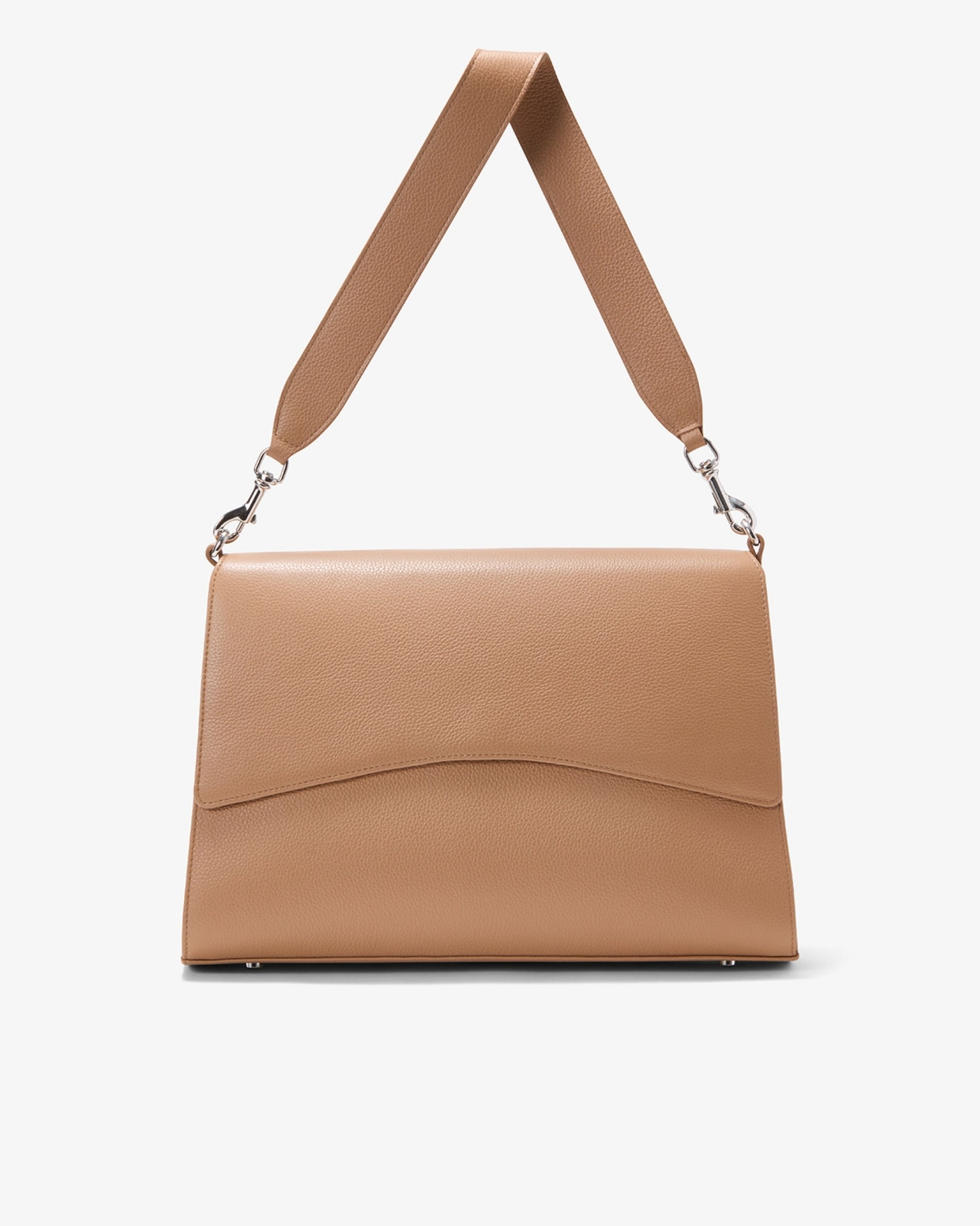 A structured tan leather shoulder bag with a wide strap and silver-tone hardware, shown against a plain light gray background.