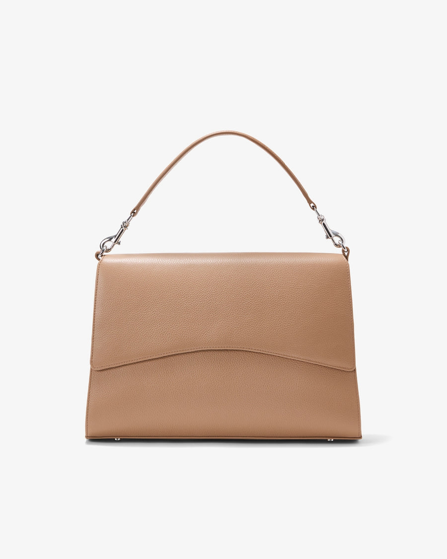 A structured tan leather handbag with a top handle, shown against a plain white background.