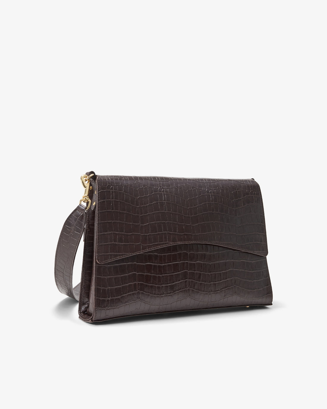 A dark brown crocodile-embossed leather clutch bag with a gold-tone zipper and strap hardware, shown on a clean white background.