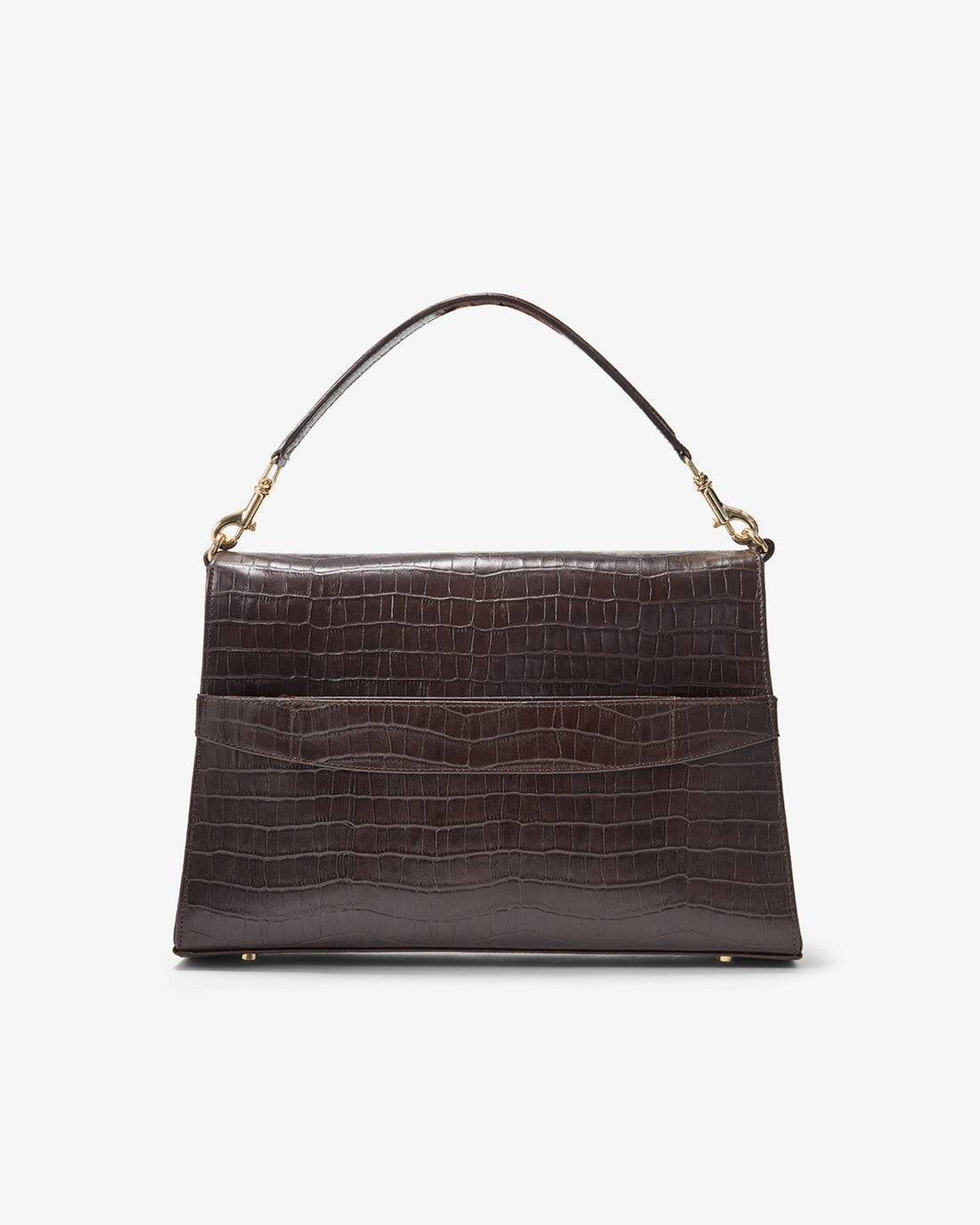 A dark brown crocodile-embossed leather handbag with a single top handle and gold-tone hardware, featuring a luggage strap, shown against a plain white background.