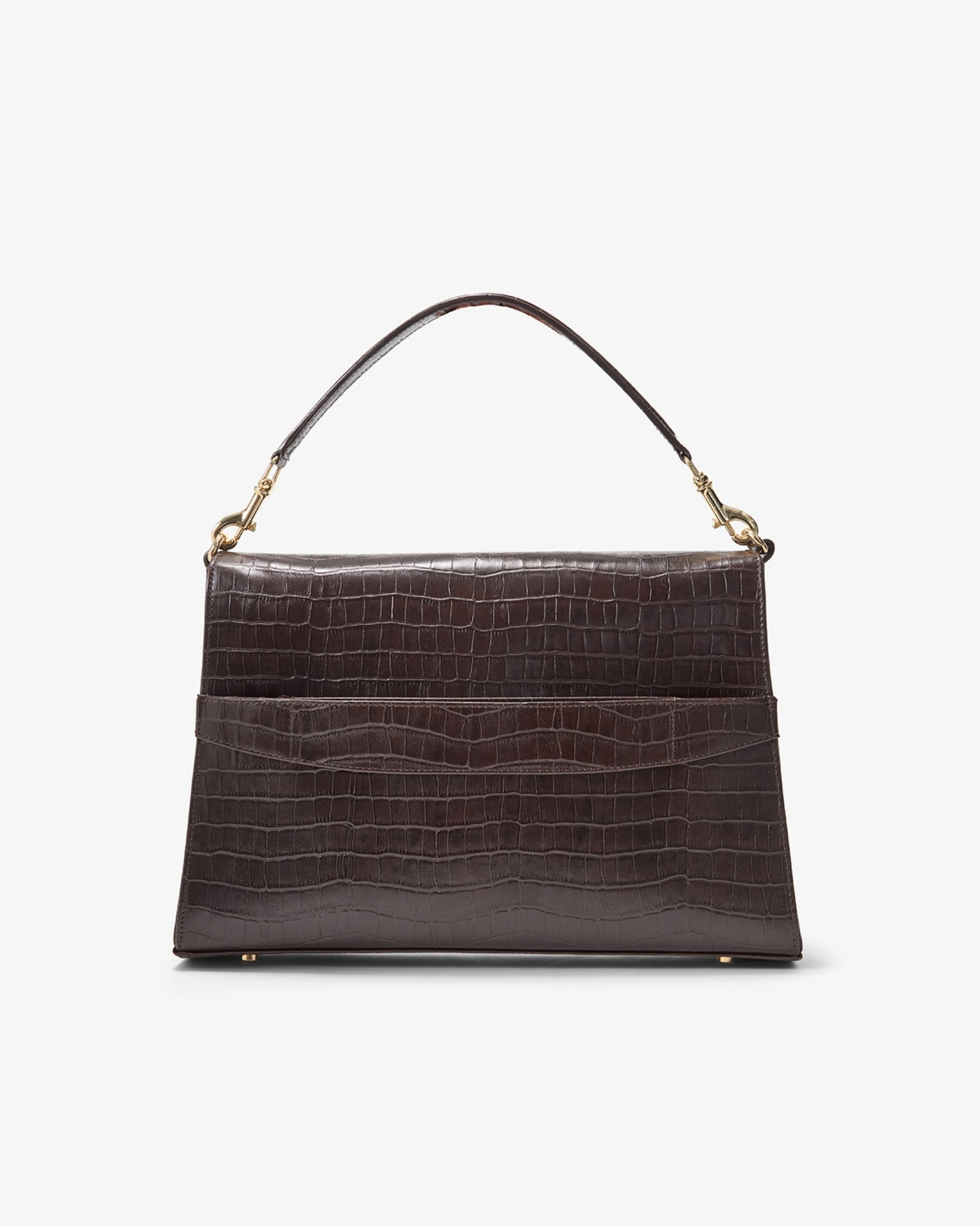 A dark brown crocodile-embossed leather handbag with a single top handle and gold-tone hardware, featuring a luggage strap, shown against a plain white background.