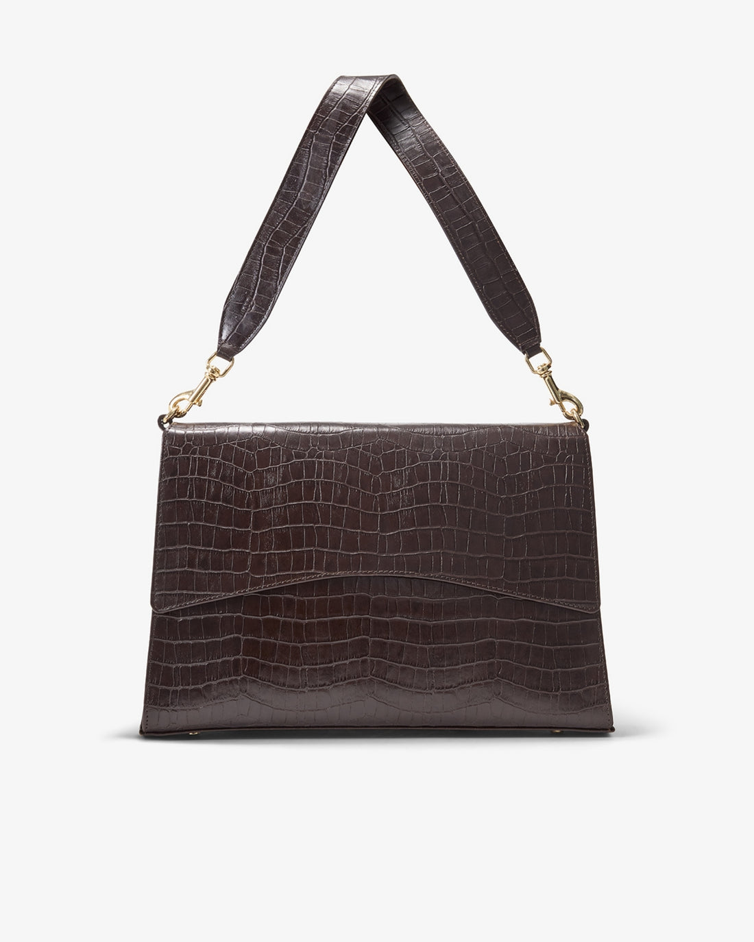 A dark brown crocodile-embossed leather shoulder bag with a matching wide strap and gold-tone hardware, shown against a plain light gray background.