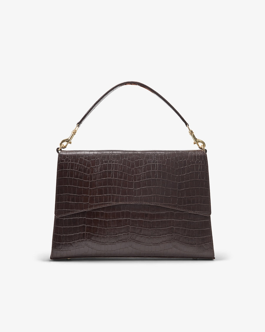 A dark brown crocodile-embossed leather handbag with a top handle and gold-tone hardware, shown against a plain white background.
