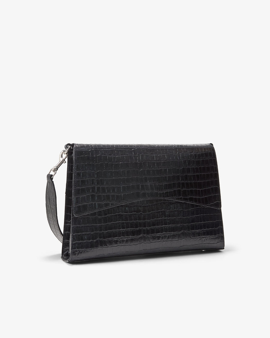 Black crocodile-embossed leather bag with a shoulder strap and silver-tone hardware, shown on a clean white background.