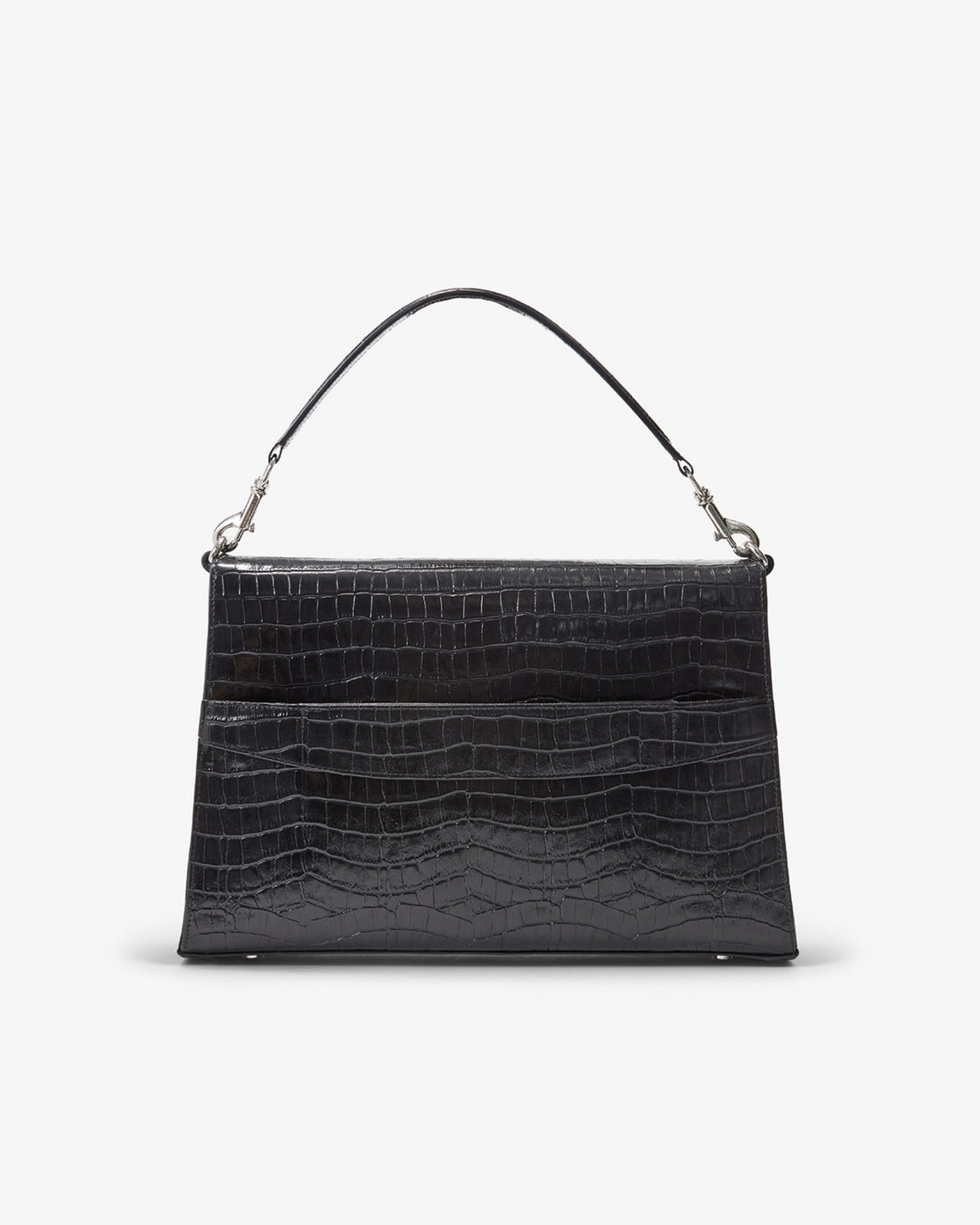 A black crocodile-embossed leather handbag with a structured rectangular shape, a single top handle, silver-tone hardware, and a luggage strap, shown against a plain white background.