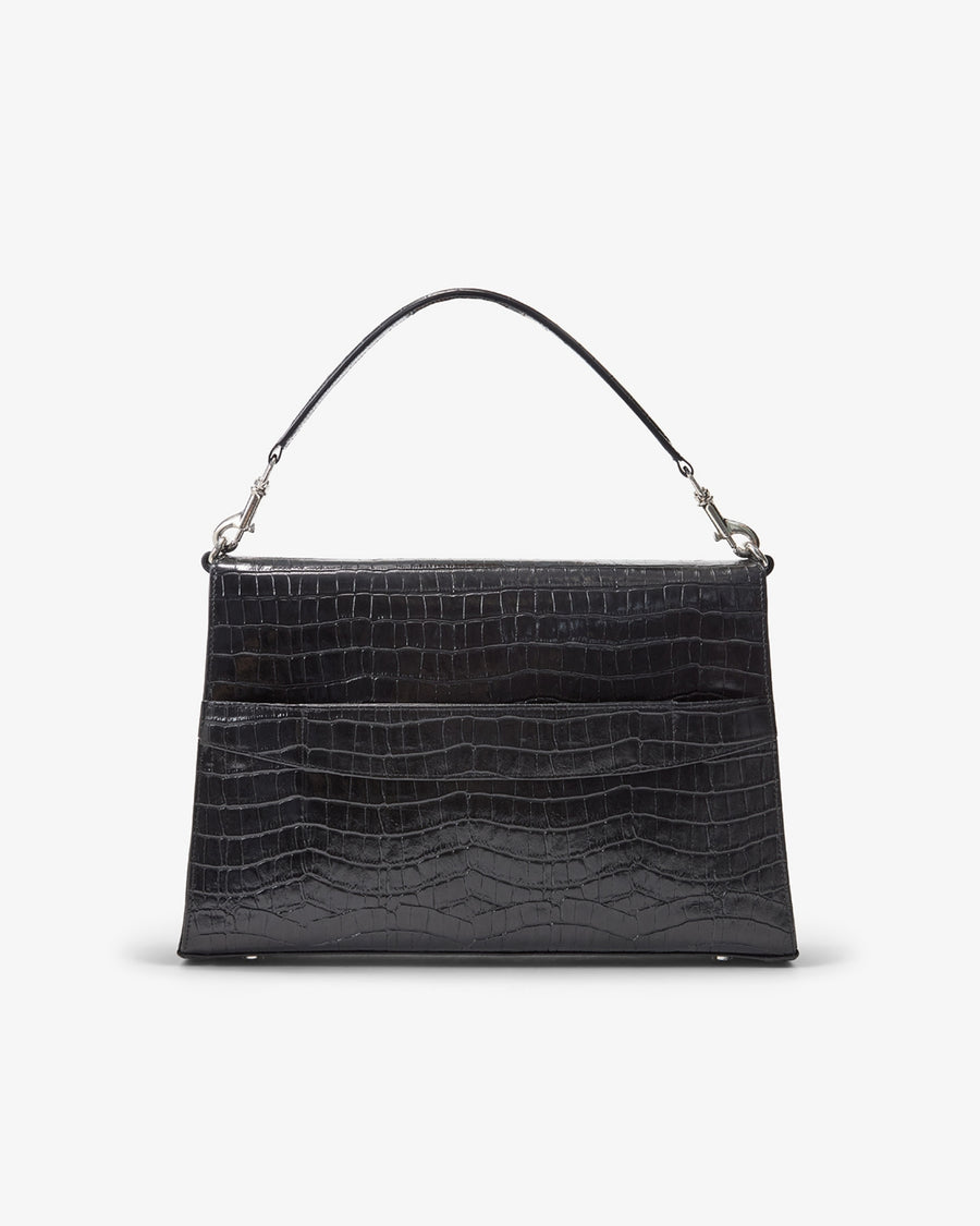 A black crocodile-embossed leather handbag with a structured rectangular shape, a single top handle, silver-tone hardware, and a luggage strap, shown against a plain white background.