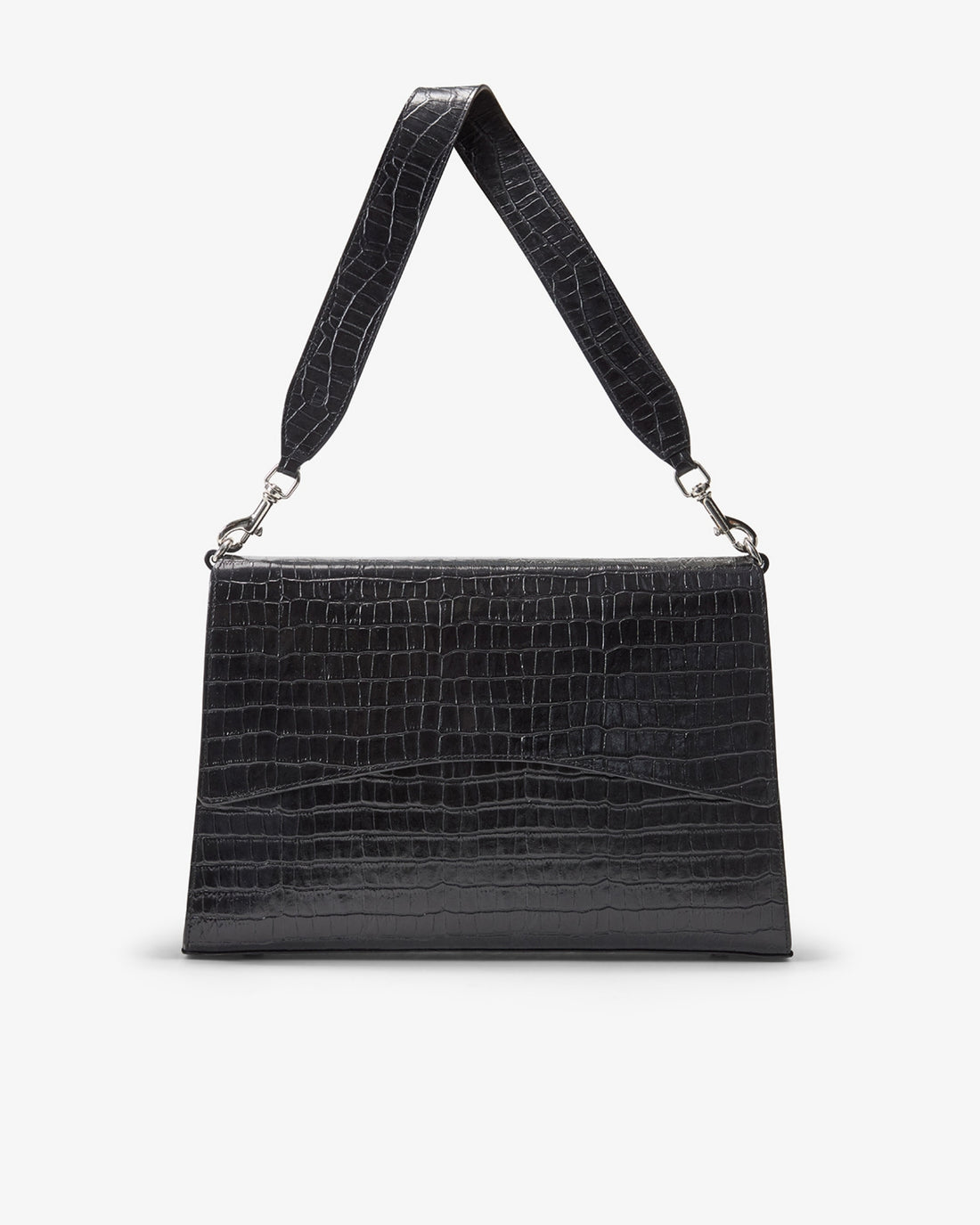 A black crocodile-embossed leather shoulder bag with a matching shoulder strap and silver-tone hardware, shown against a plain light gray background.