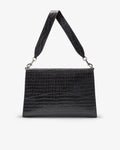 A black crocodile-embossed leather shoulder bag with a matching shoulder strap and silver-tone hardware, shown against a plain light gray background.