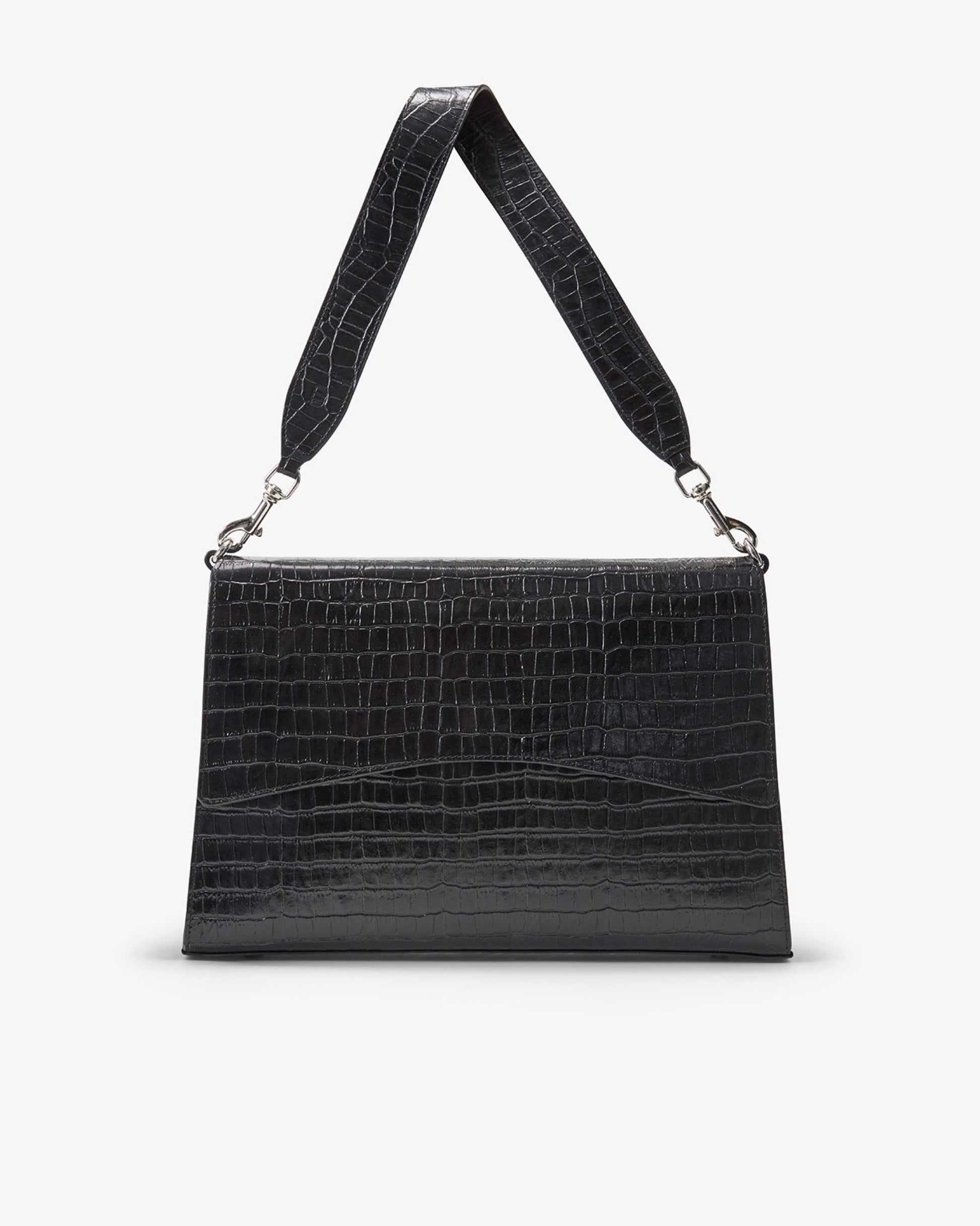 A black crocodile-embossed leather shoulder bag with a matching shoulder strap and silver-tone hardware, shown against a plain light gray background.