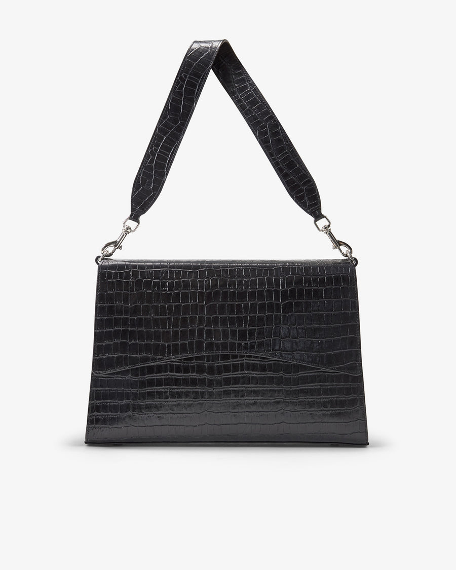 A black crocodile-embossed leather shoulder bag with a matching shoulder strap and silver-tone hardware, shown against a plain light gray background.