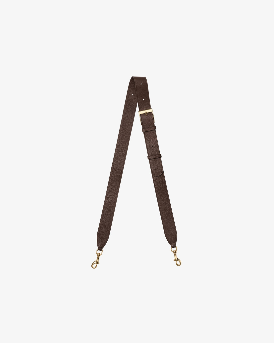 A dark brown leather cross body strap with gold-tone metal hardware, including a buckle, adjustment loops, and two swivel snap hooks, displayed on a light gray background.