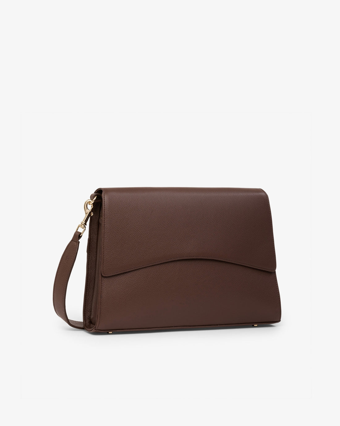 A dark brown leather clutch bag with a curved front flap and a matching shoulder strap, shown on a clean white background.