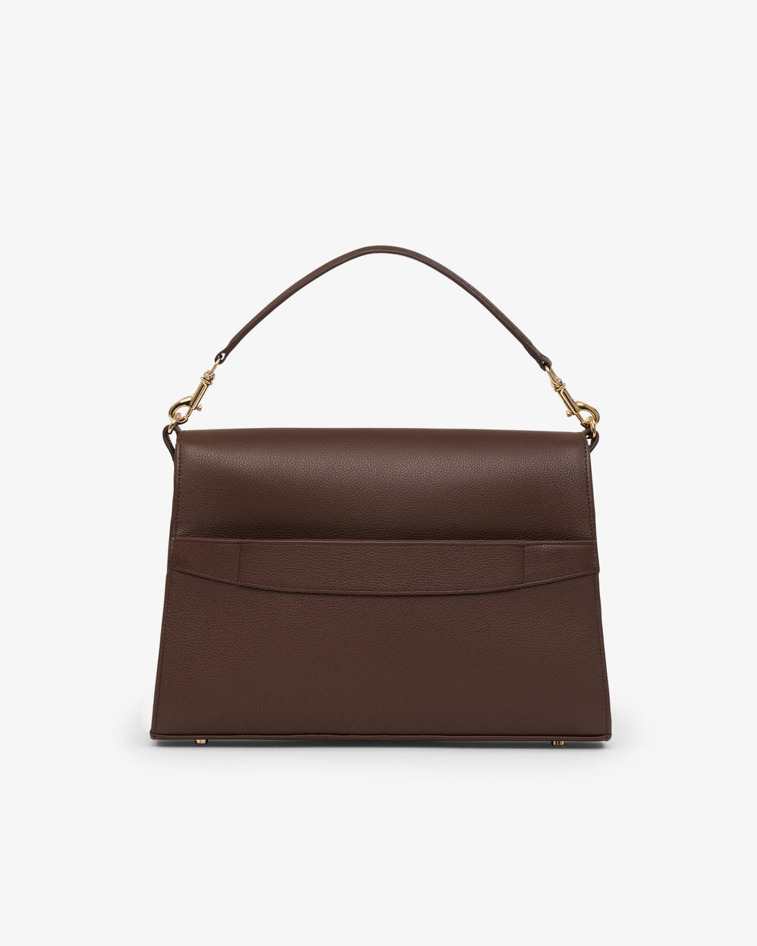 A structured dark brown leather handbag with a top handle, gold-tone hardware, and a luggage strap, shown against a plain light gray background.