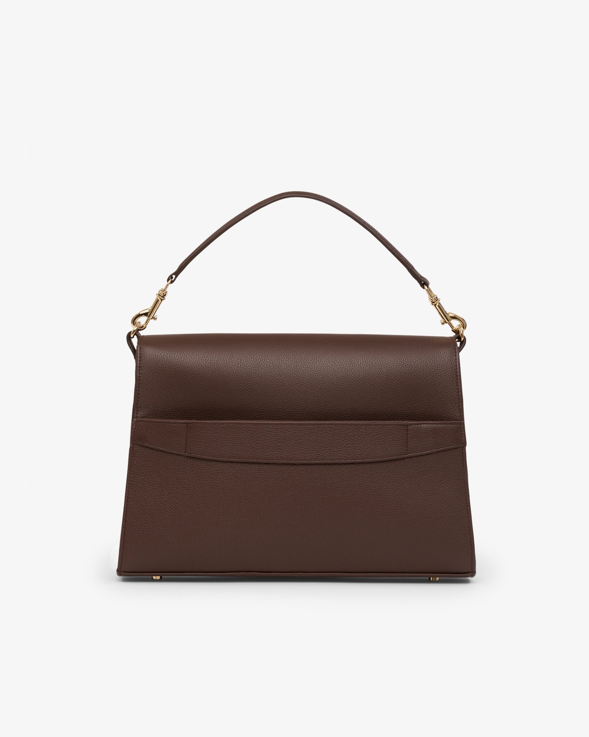 A structured dark brown leather handbag with a top handle, gold-tone hardware, and a luggage strap, shown against a plain light gray background.