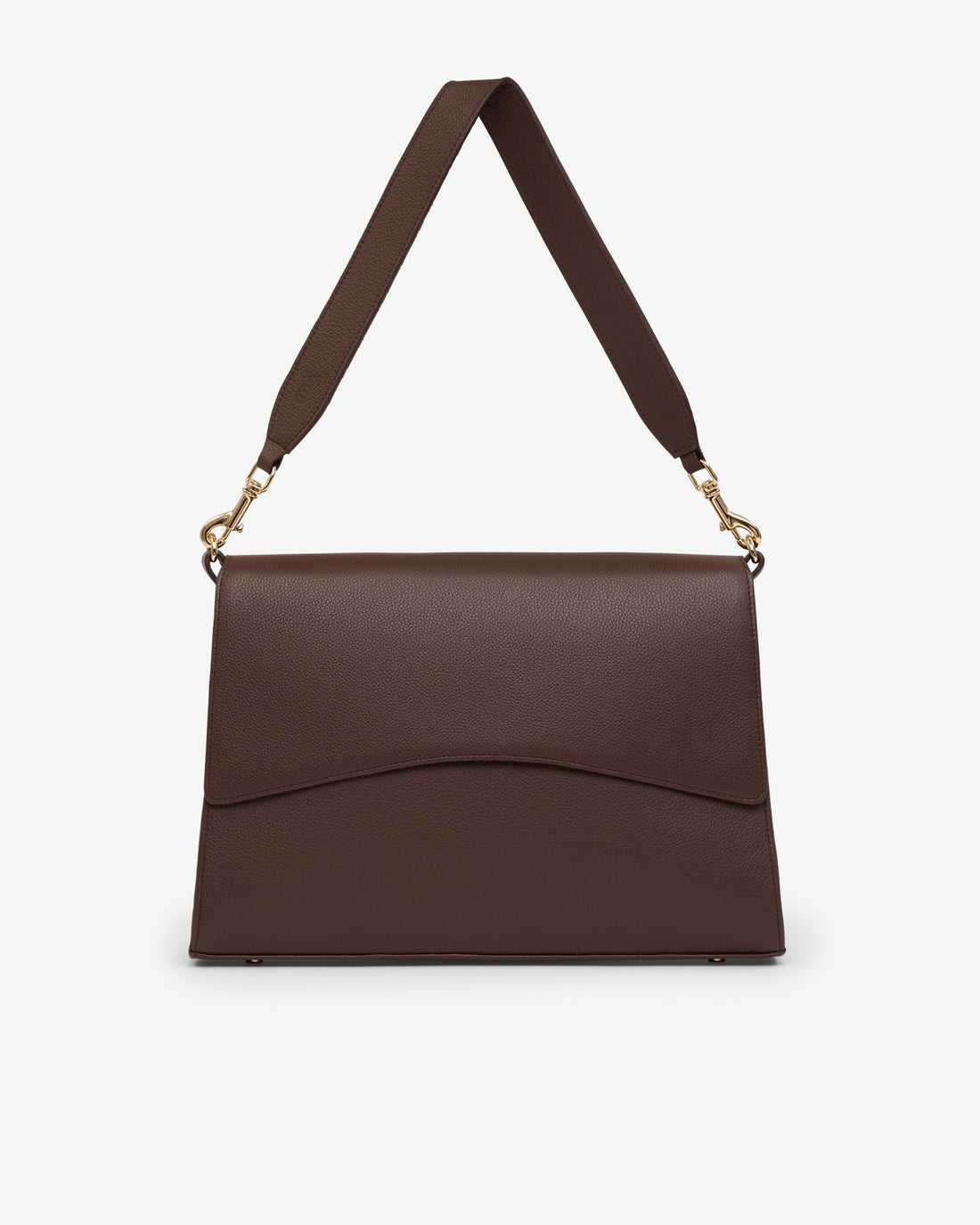 A dark brown leather shoulder bag with a flap front, curved lower edge, and a matching adjustable shoulder strap with gold-tone hardware, shown on a light gray background.