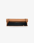 A tan leather clutch bag with a black fabric insert or lining, shown from the front against a plain white background.
