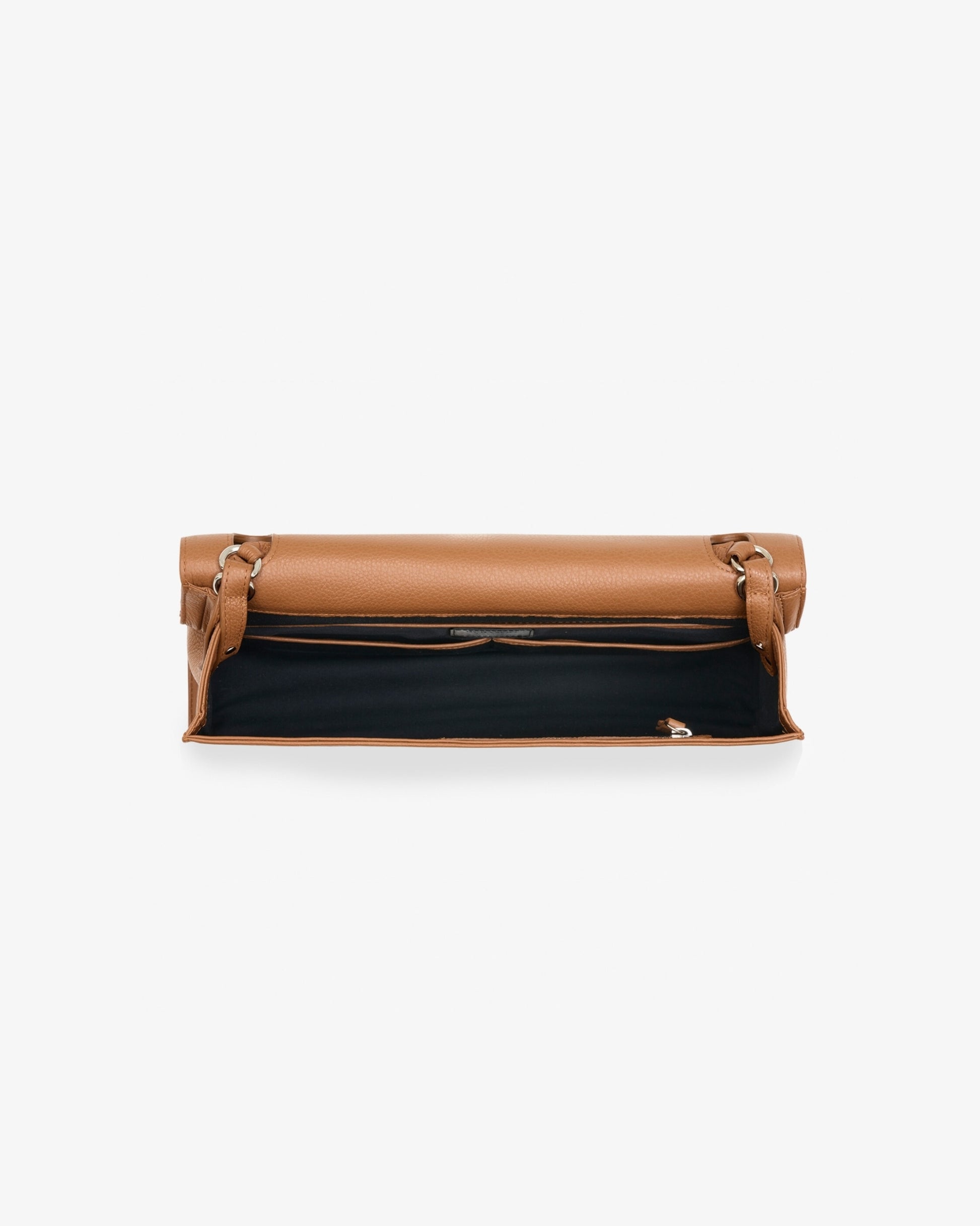 A tan leather clutch bag with a black fabric insert or lining, shown from the front against a plain white background.