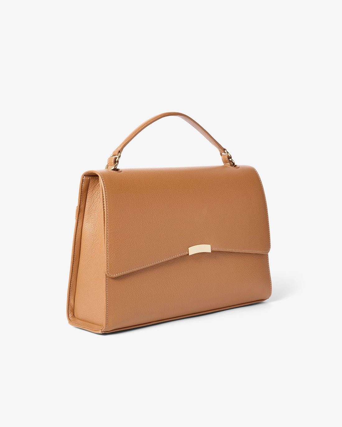 A structured tan leather handbag with a top handle and a small gold-tone clasp on the front flap, shown against a plain light gray background.