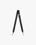A dark brown leather cross body strap with gold-tone metal hardware, including a buckle, adjustment loops, and two swivel snap hooks, displayed on a light gray background.