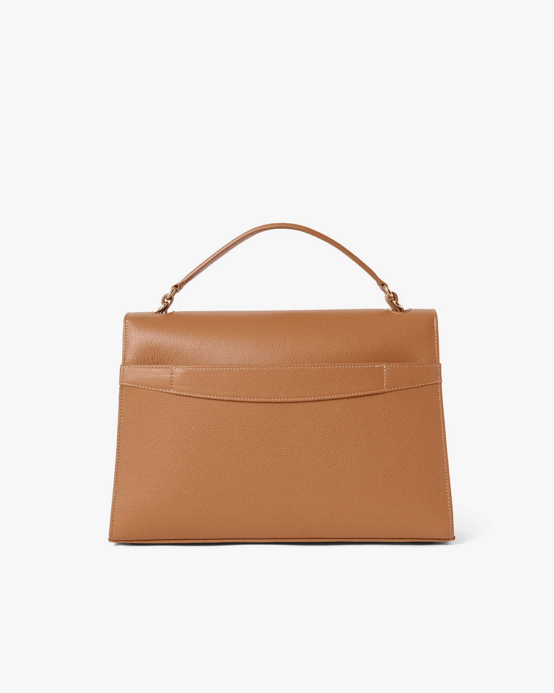 A structured tan leather handbag with a top handle and a luggage strap, shown from the back against a clean white background.