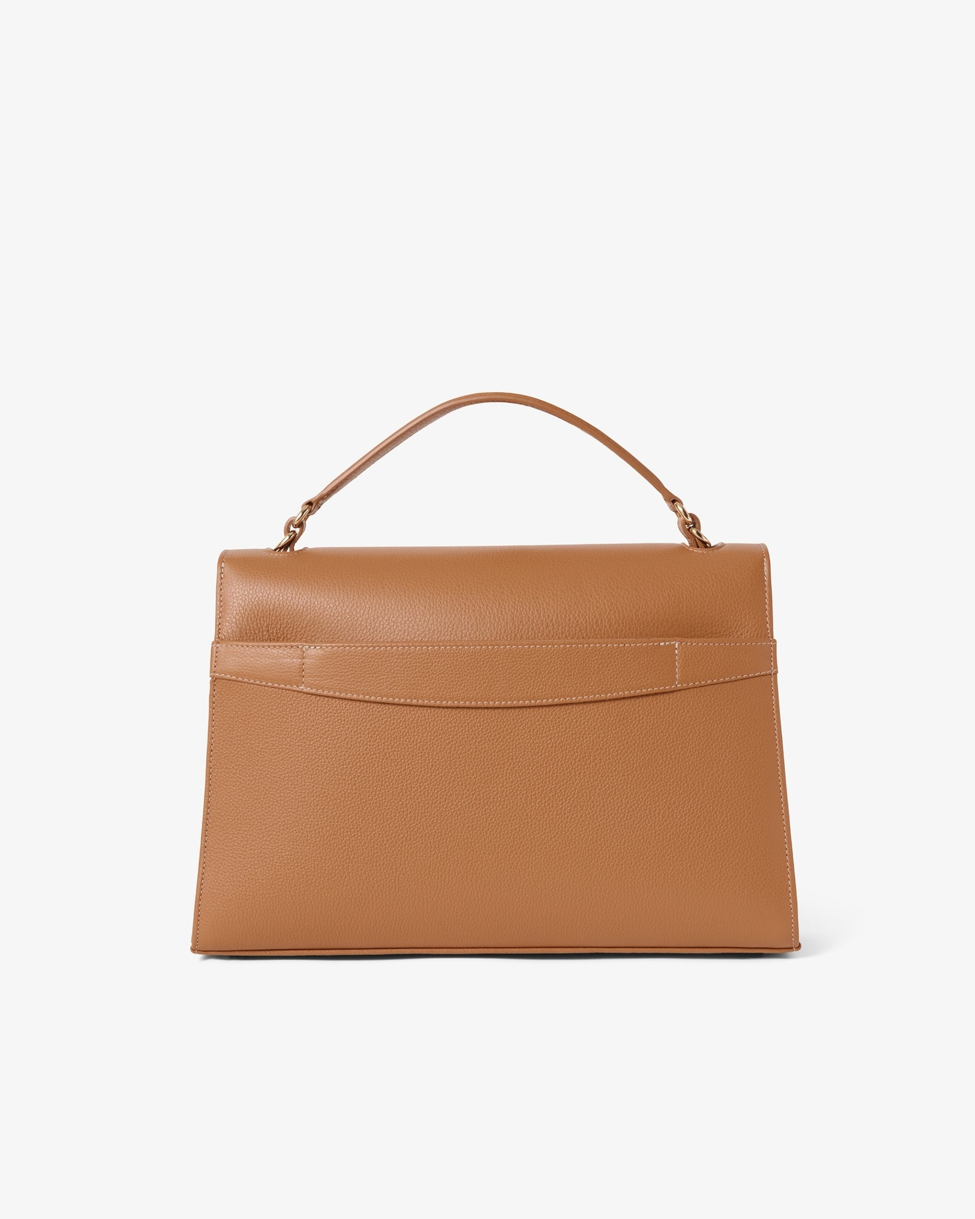 A structured tan leather handbag with a top handle and a luggage strap, shown from the back against a clean white background.