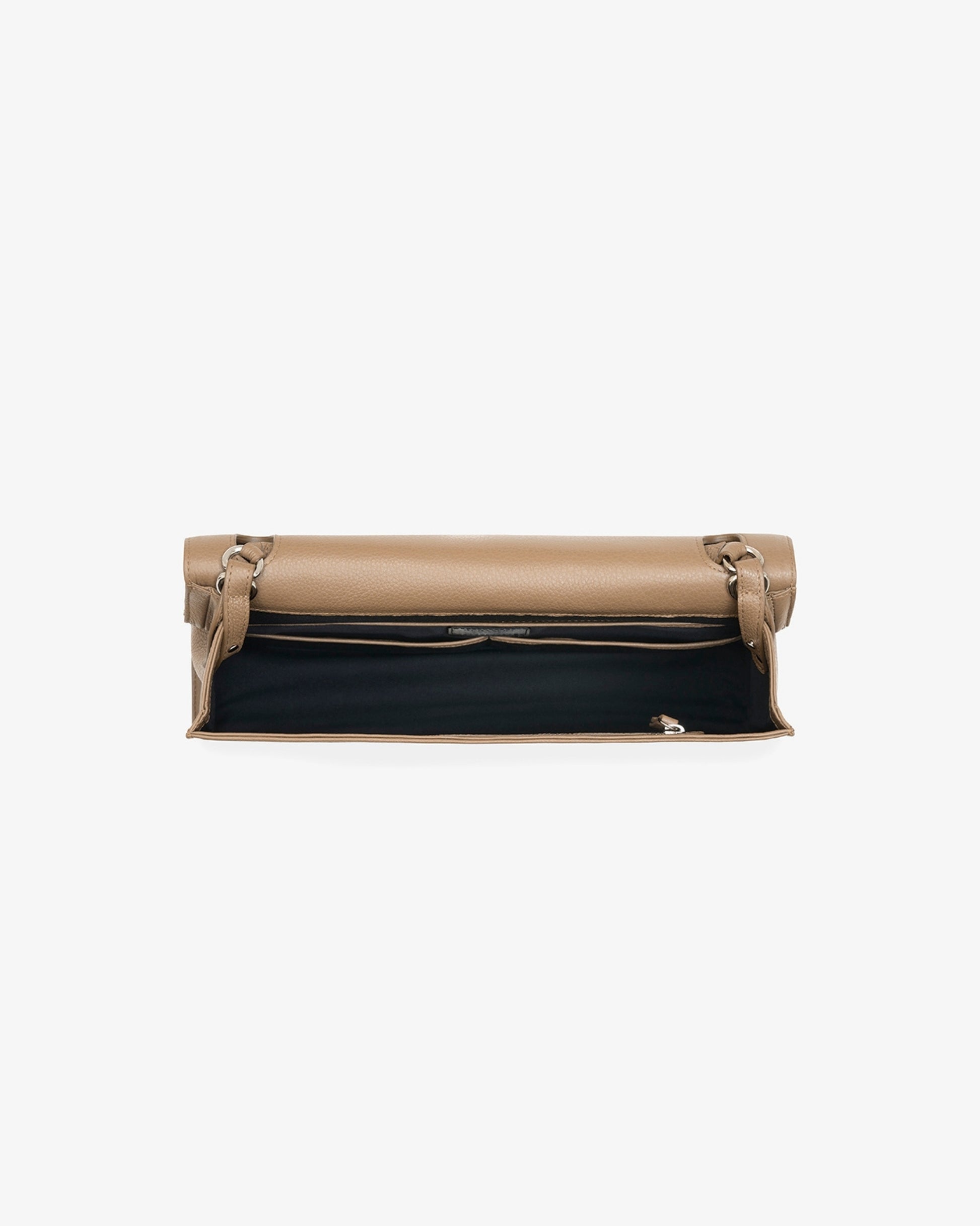 A beige leather bag with a black fabric lining, shown from the top against a plain white background.