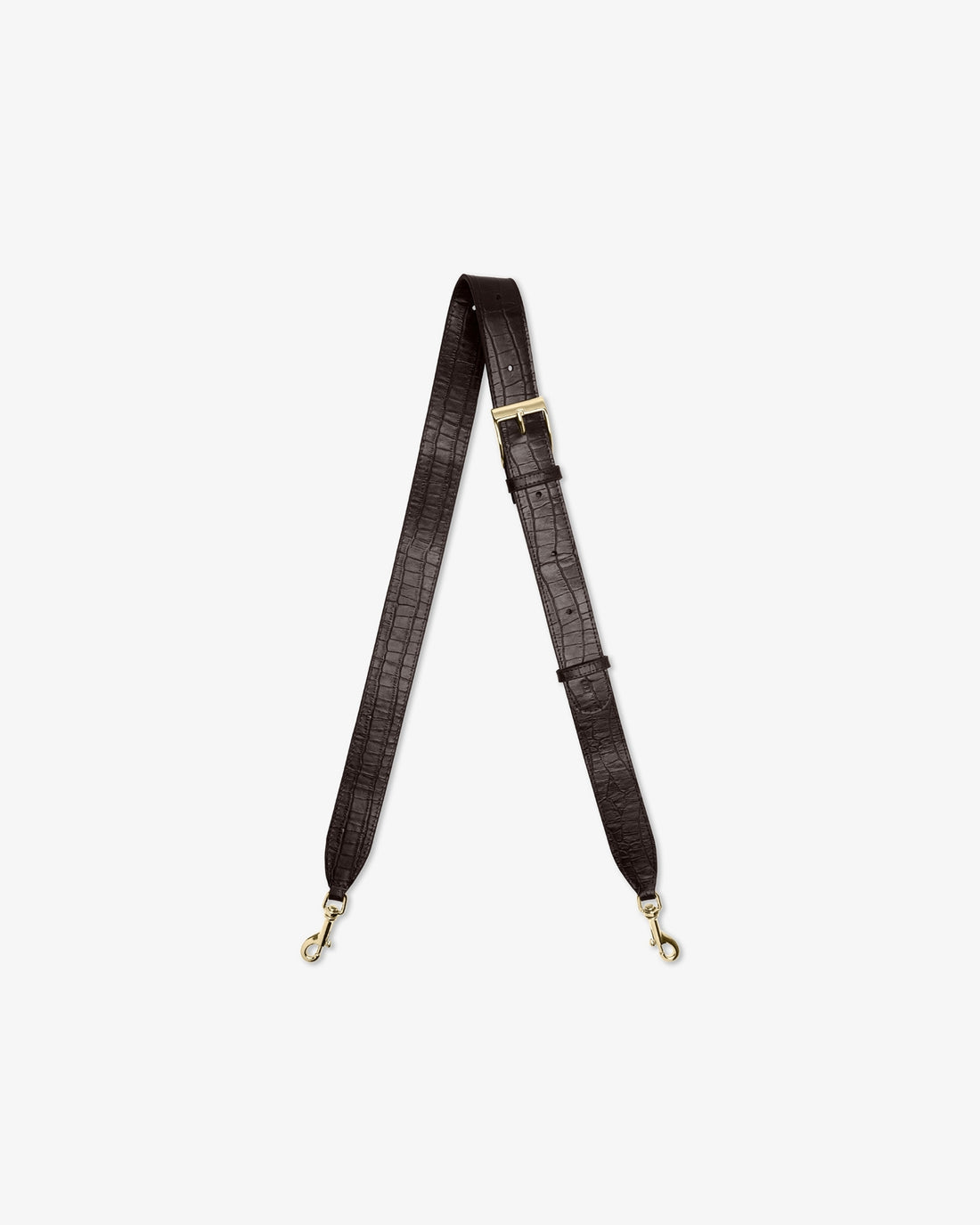 A dark brown crocodile-embossed shoulder strap with gold-tone hardware, displayed vertically against a light gray background.
