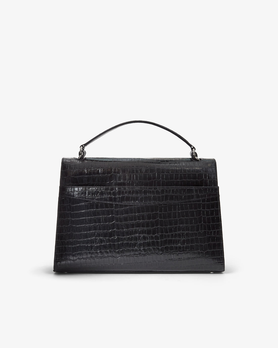 A structured black handbag with an embossed crocodile pattern, featuring a top handle and a luggage strap, shown from the back against a plain light gray background.