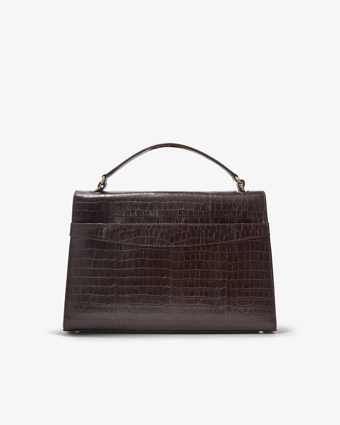 A dark brown crocodile-embossed leather handbag with a top handle and a luggage strap, shown against a plain white background.