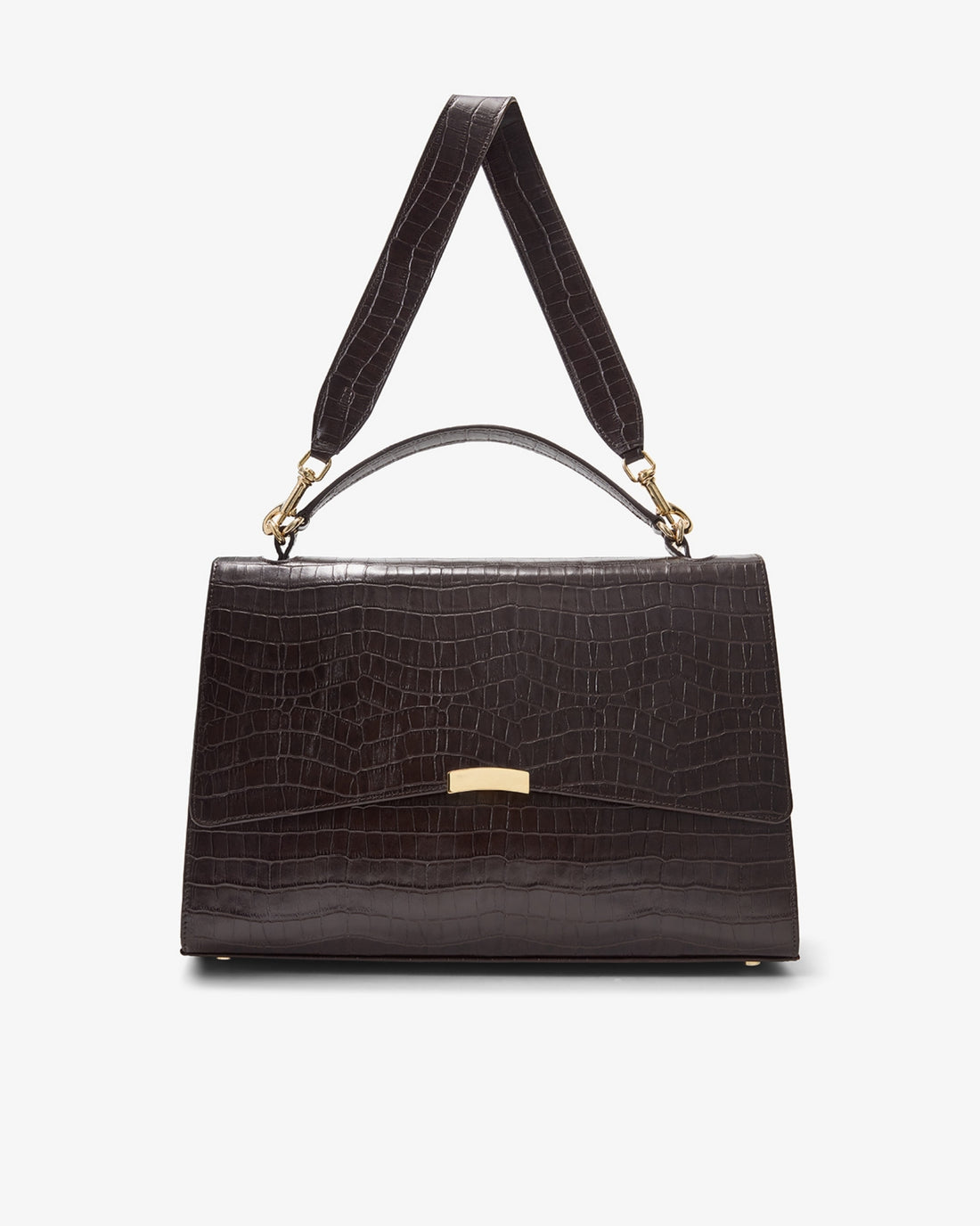 A dark brown crocodile-embossed handbag with a top handle, a shoulder strap, and a gold-tone clasp, shown against a plain light gray background.