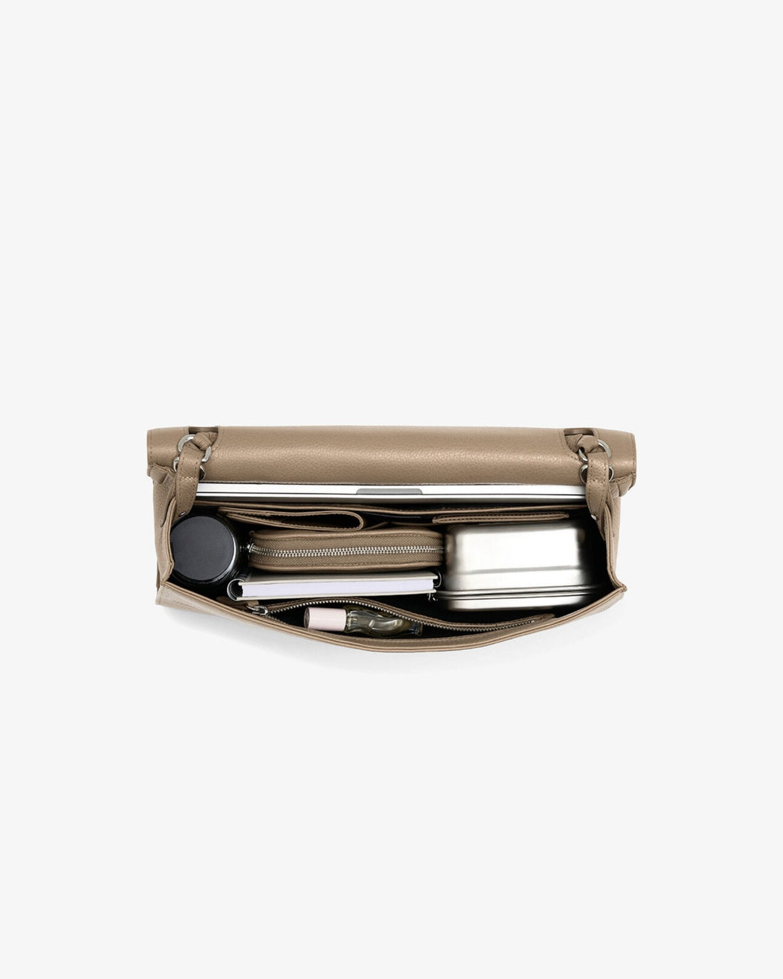 A beige leather zippered briefcase shown open from a top-down view, revealing a silver metal lunchbox, a black circular item, and other small accessories inside, set against a plain white background.