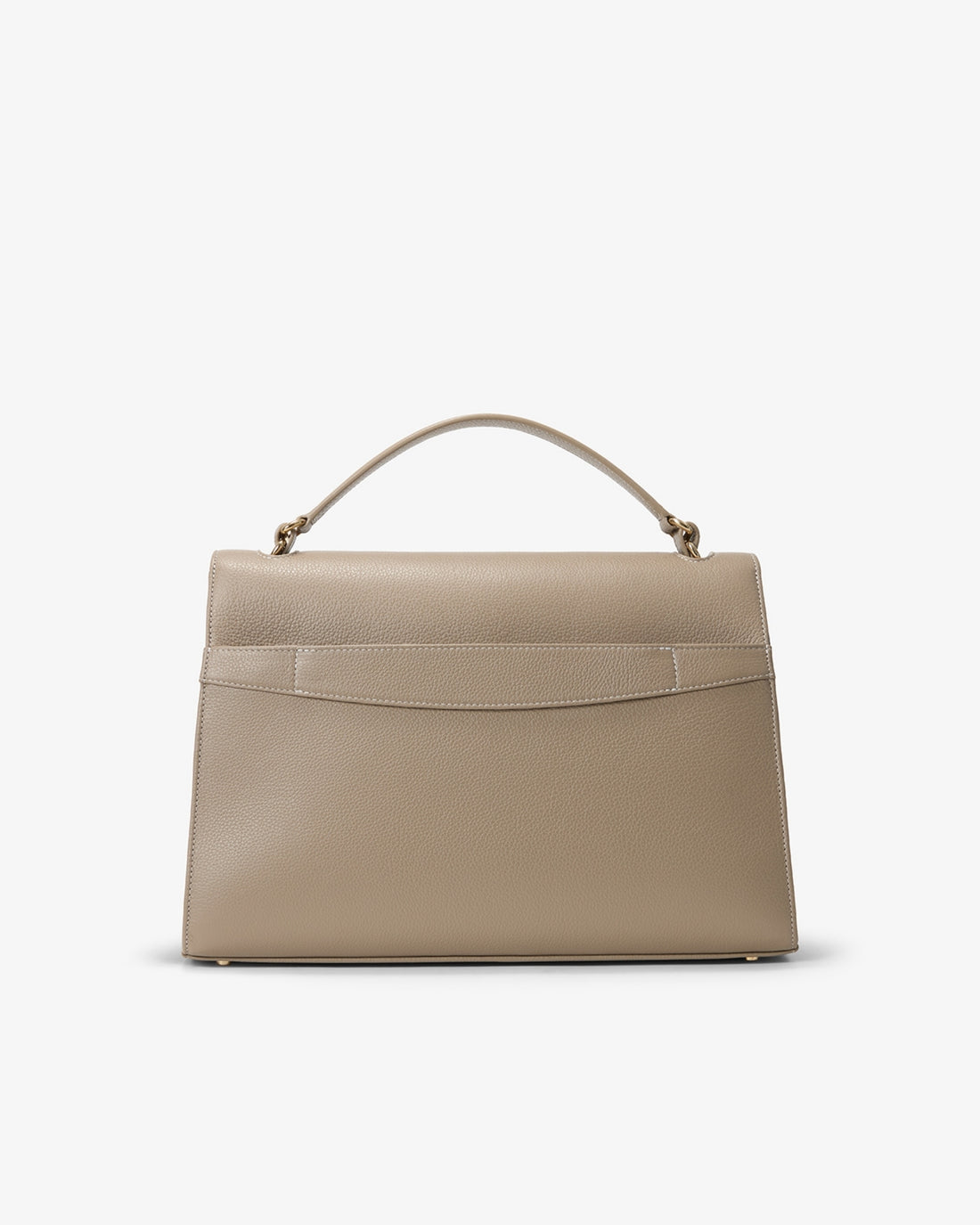 A structured top-handle handbag in a light taupe-beige leather with a luggage strap, shown from the back against a clean white background.