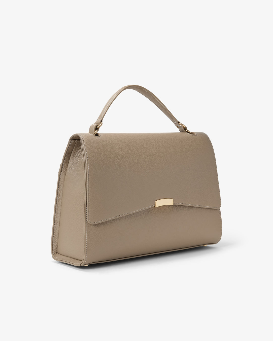 A structured taupe leather handbag with a top handle and a small gold-tone metal accent on the front flap, shown against a plain white background.