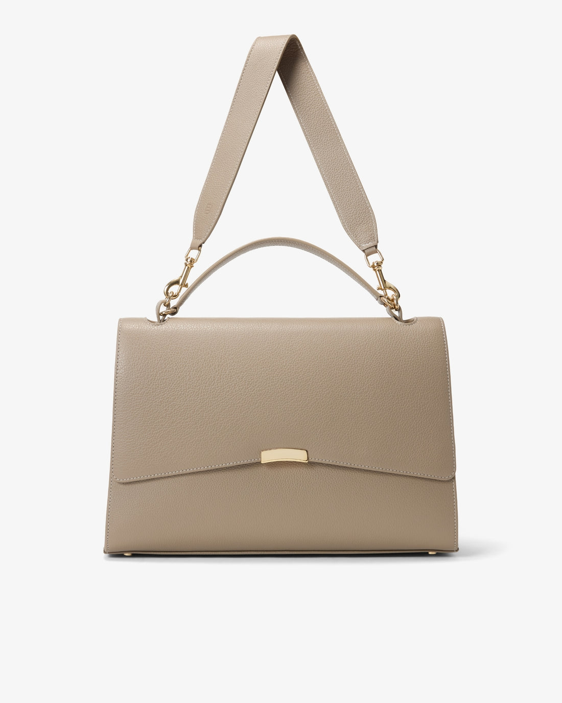 A structured taupe leather handbag with a top handle, an adjustable shoulder strap, and gold-tone hardware, shown against a plain light gray background.