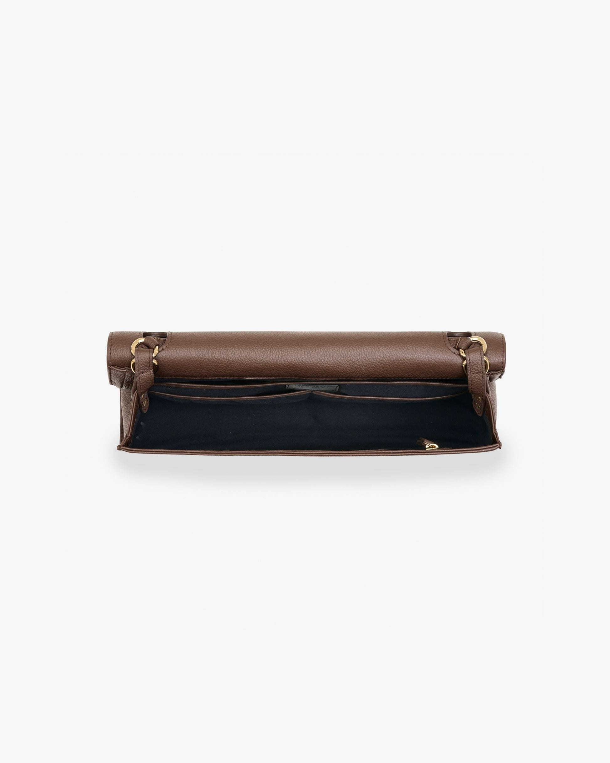 A brown leather bag shown open from the above, revealing a black interior lining and gold-tone hardware, set against a plain light gray background.