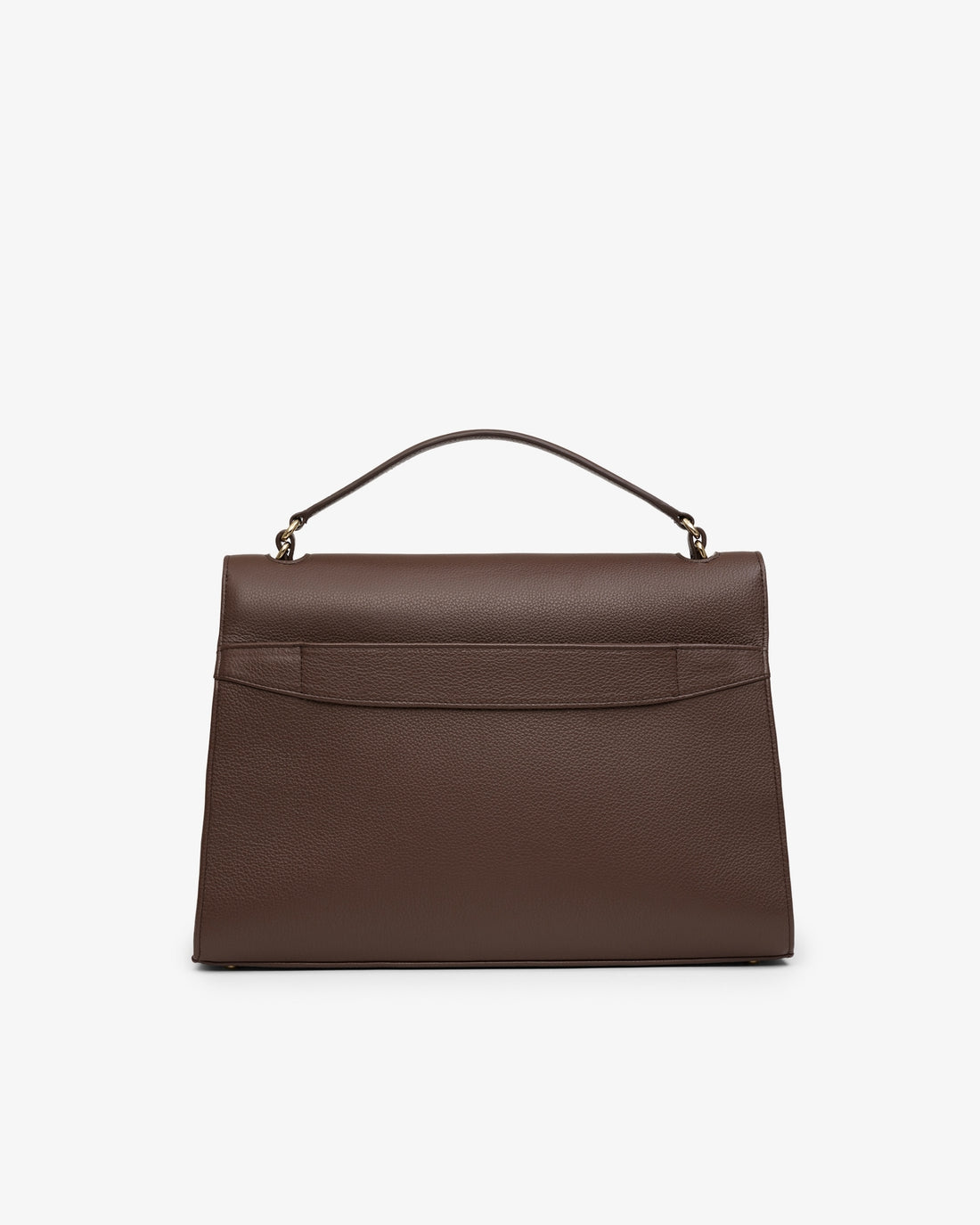 A dark brown leather top-handle handbag with a structured rectangular shape and a luggage strap, shown against a plain light gray background.