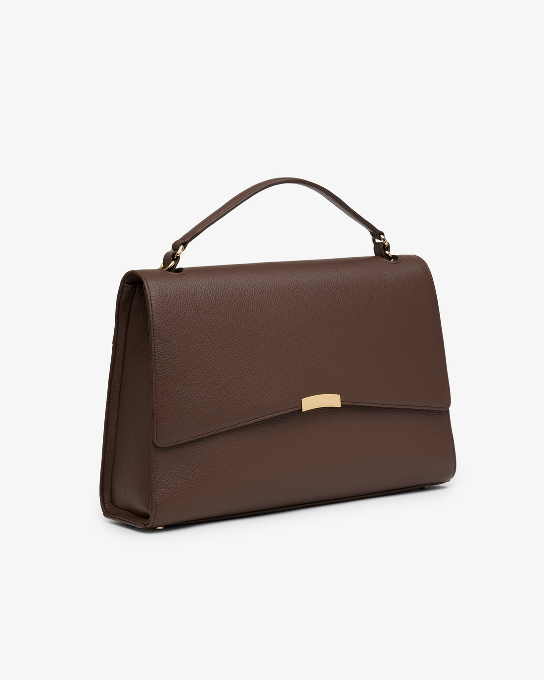 A dark brown textured leather handbag with a top handle and a small gold-tone metal accent on the front flap, shown against a plain light gray background.