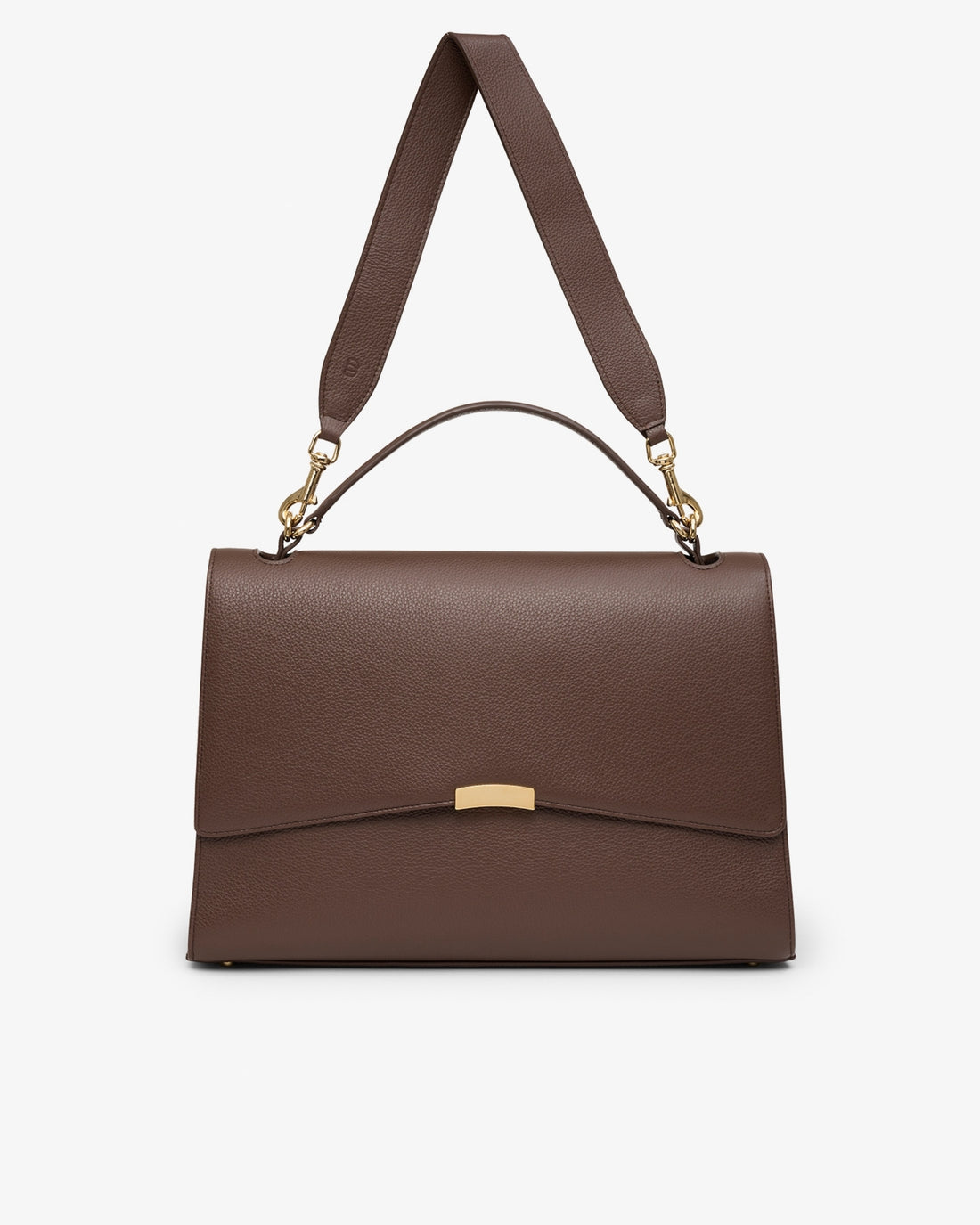 A structured brown leather handbag with a top handle, a shoulder strap, and a gold-tone clasp on a light gray background.