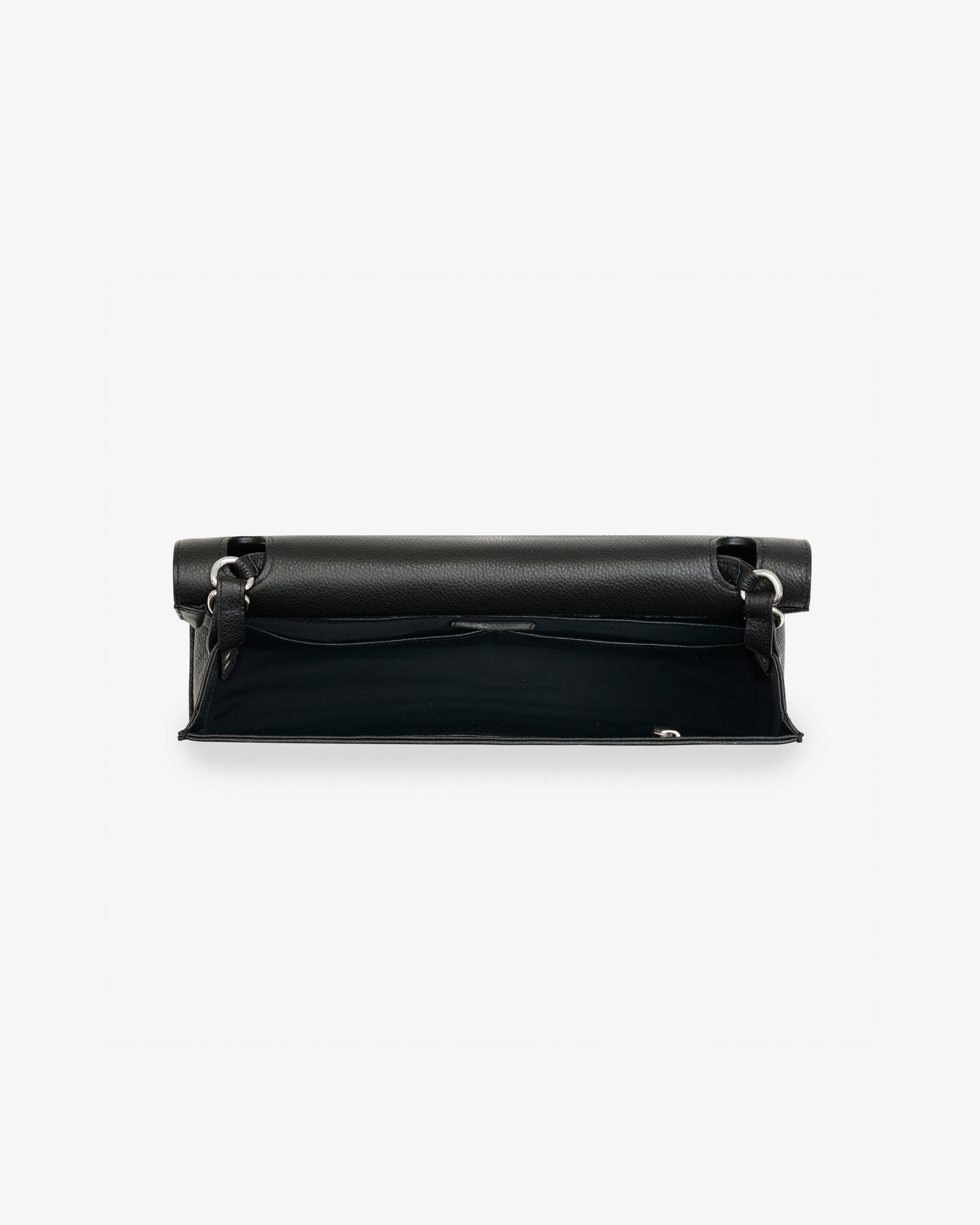 A black leather bag with silver-tone hardware, shown from the back against a plain white background.
