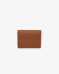 A brown textured leather bifold wallet with a embossed 'B' logo on the back, centered on a light gray background.