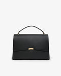 A black leather shoulder bag with a curved flap and gold-tone hardware, shown against a plain white background.
