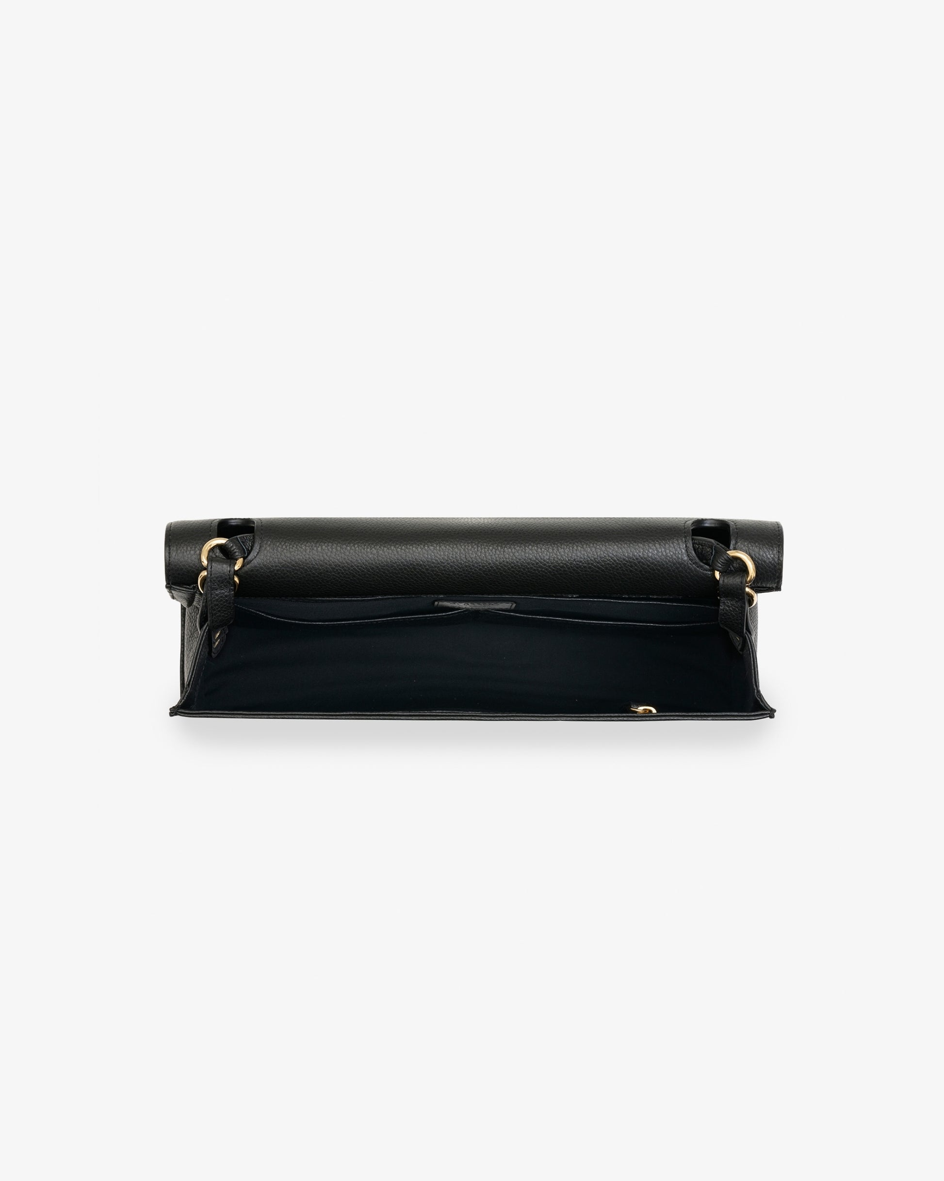 A black leather bag with gold-tone hardware, shown from above against a light gray background.