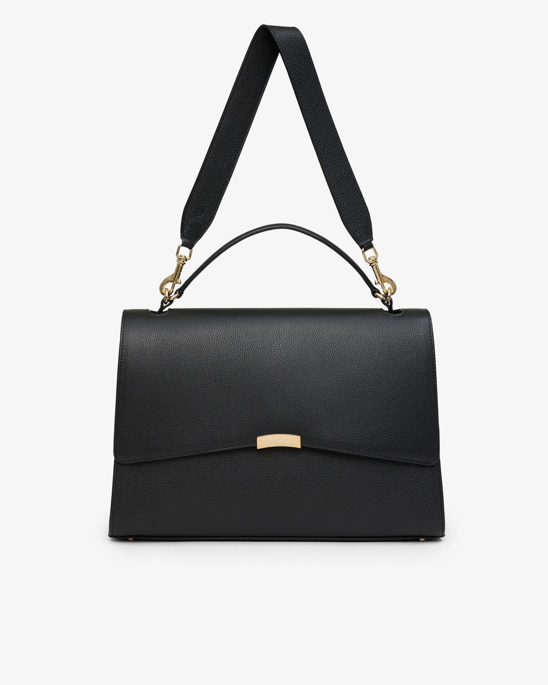 A black leather top-handle handbag with a wide shoulder strap, gold-tone hardware, and a small gold clasp on the front flap, shown against a plain white background.