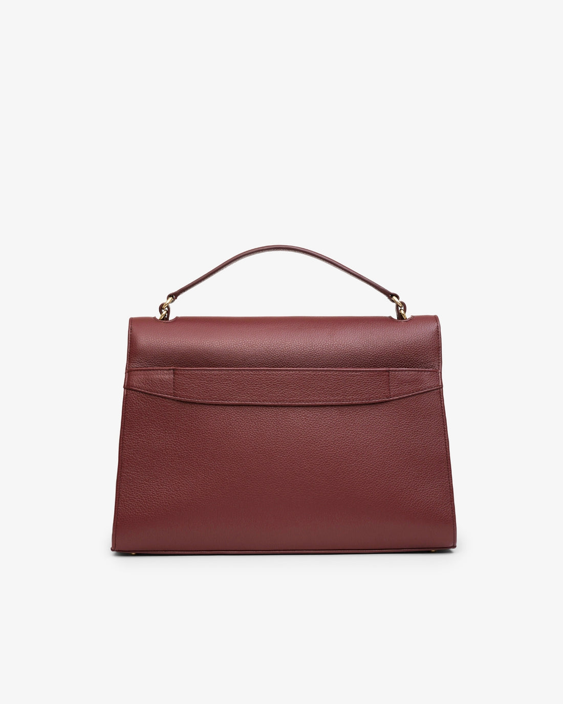 A structured burgundy leather handbag with a top handle and gold-tone hardware, featuring a luggage strap, photographed against a clean white background.