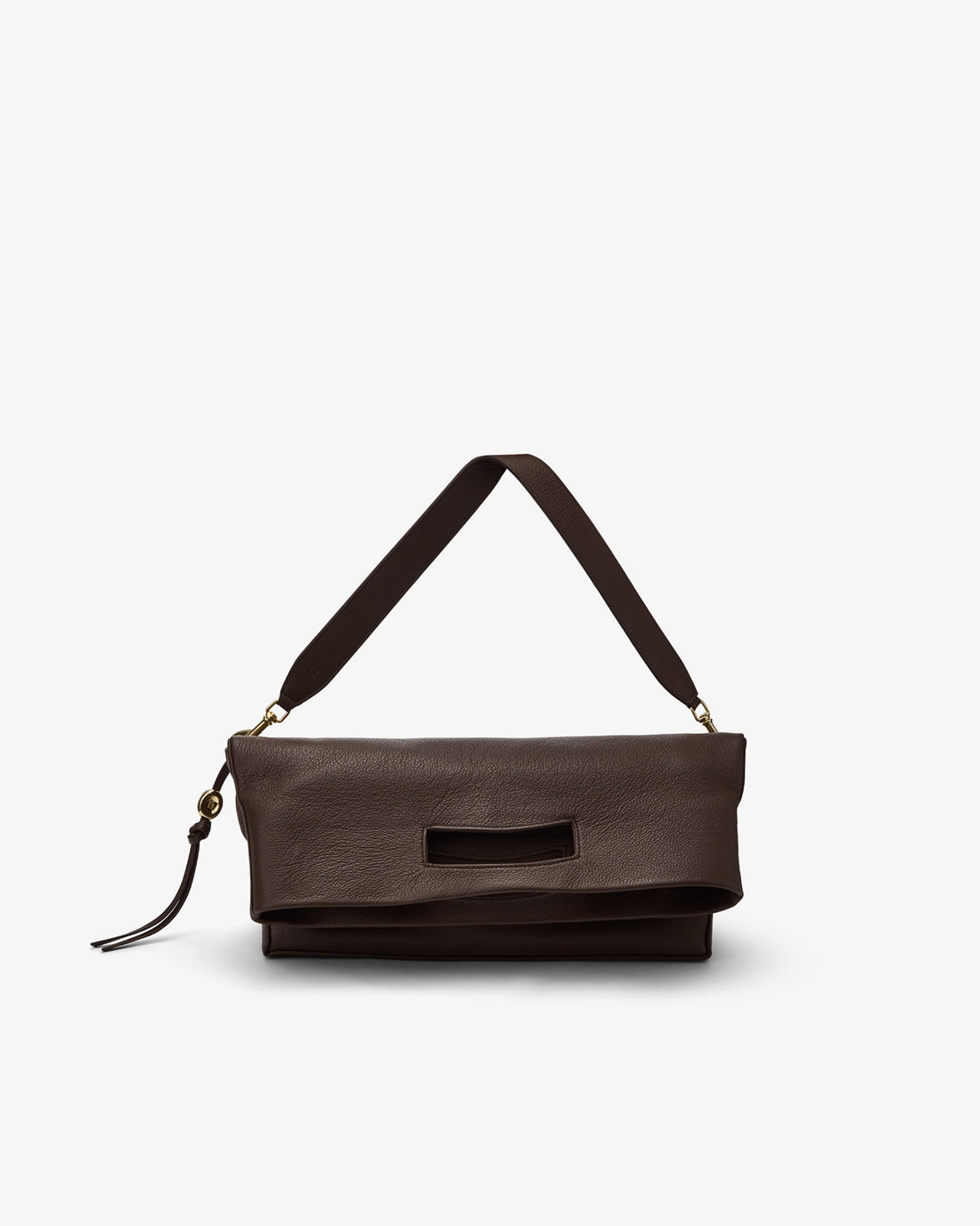 A dark brown leather shoulder bag with a wide strap and a small tassel detail, shown against a plain light gray background.