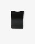 A black textured leather passport holder with a curved top, shown flat against a solid white background.